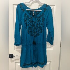 RU Cowgirl Dress Womens Small Embroidered Boho Western Rockabilly Teal